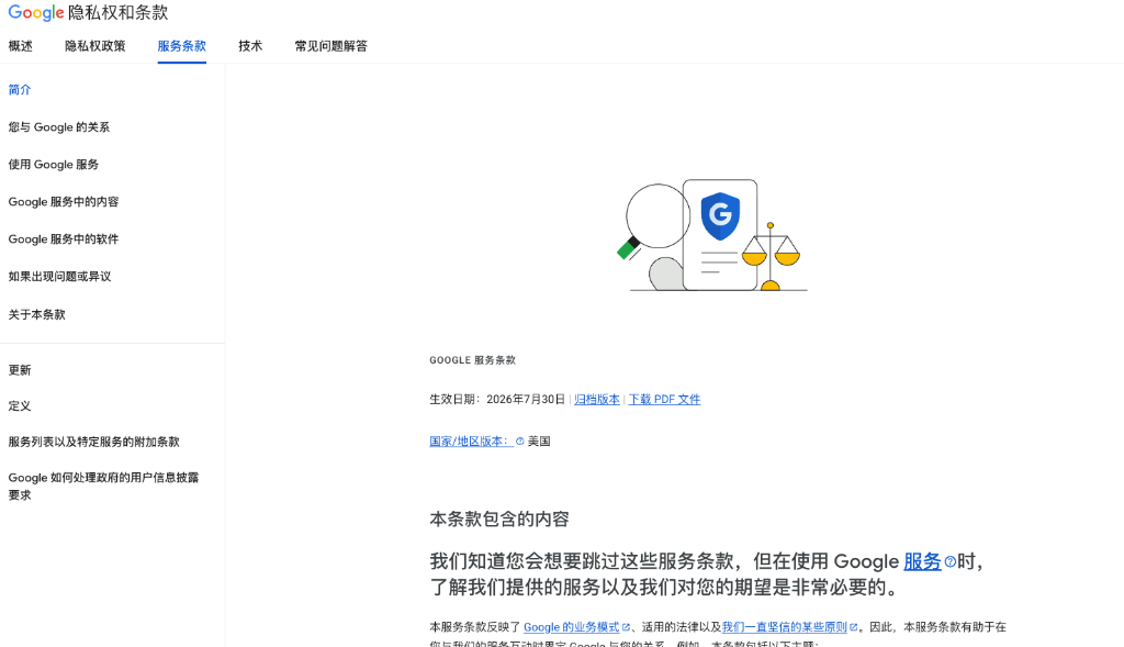 真实网页 2:Google 服务条款与国家/地区版本